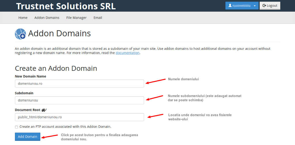 Adaugare domenii in cPanel