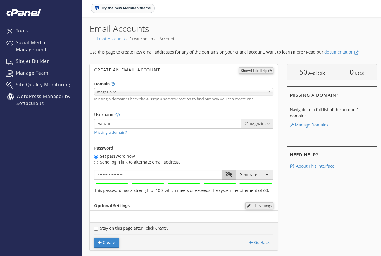 Crearea adresei de e-mail vanzari@magazin.ro din Email Accounts în cPanel