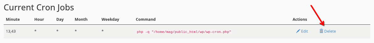 cPanel: ștergerea sarcinii PHP adăugate automat Lista Current Cron Jobs cu sarcina php -q "/home/utilizator/public_html/wp/wp-cron.php" și butoanele Edit și Delete