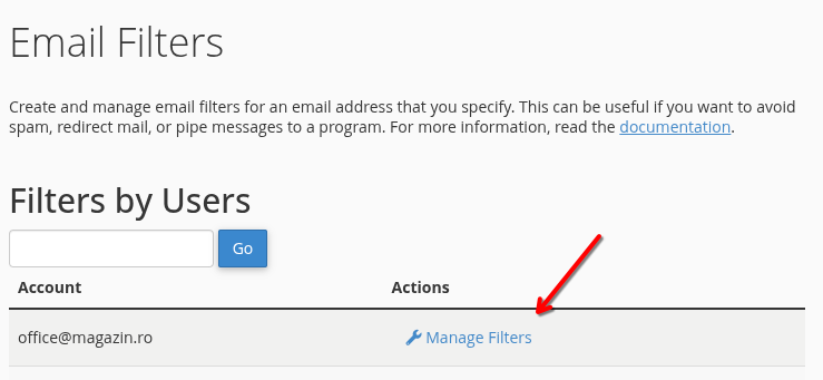 cPanel: Email Filters, tabelul Filters by Users Pagina Email Filters: tabelul Filters by Users, cu coloanele Account și Actions, adresa office@magazin.ro și butonul Manage Filters