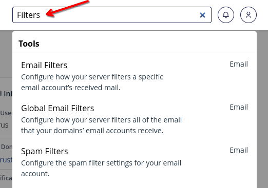 cPanel: căutarea uneltei de filtrare Căsuța de căutare din cPanel cu „Filters” scris, arătând uneltele Email Filters, Global Email Filters și Spam Filters