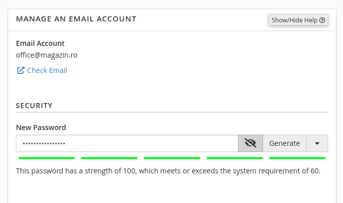 Schimbarea parolei unei adrese de email în cPanel Panoul Manage an Email Account din cPanel, cu adresa office@magazin.ro, secțiunea Security, câmpul New Password, butonul Generate și barele care arată puterea parolei