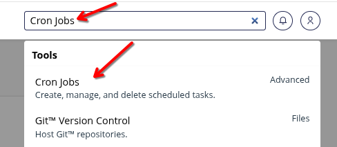 cPanel: găsirea instrumentului Cron Jobs Căsuța de căutare din cPanel cu „Cron Jobs” scris și rezultatul Cron Jobs, la secțiunea Advanced