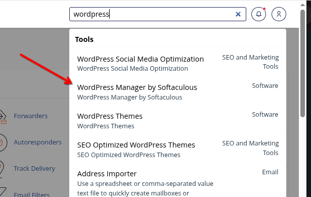 Căsuța de căutare din cPanel cu „wordpress” scris și rezultatul WordPress Manager by Softaculous, la secțiunea Software