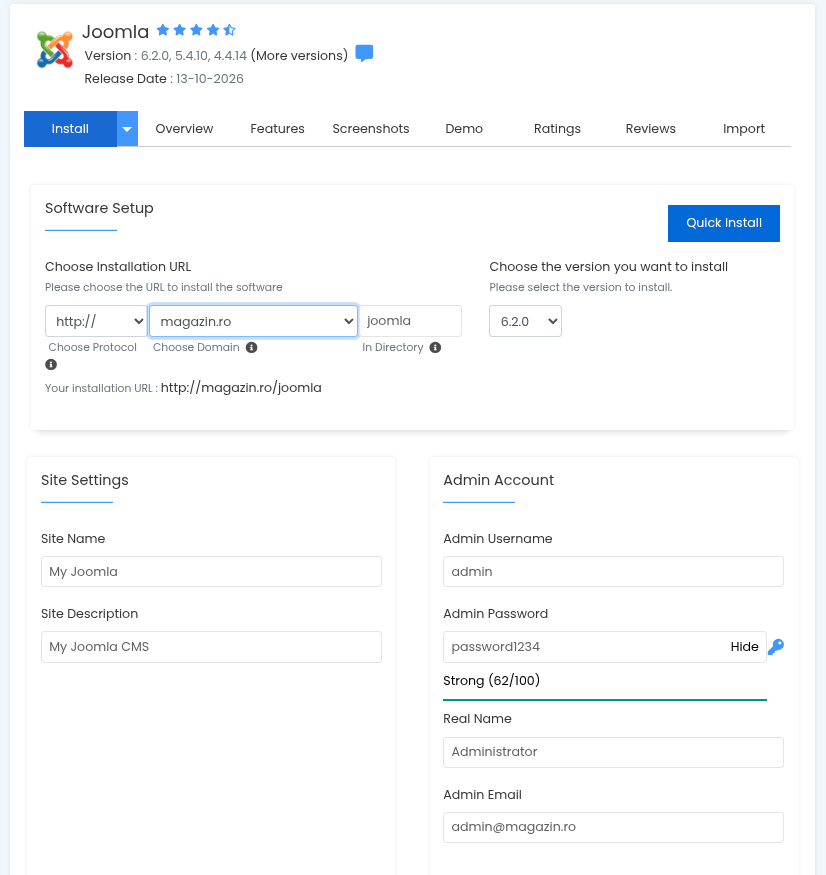 Joomla: adresa de instalare, numele site-ului și contul de administrare Formularul de instalare Joomla din Softaculous: Software Setup cu adresa pe magazin.ro în folderul joomla, Site Settings și Admin Account