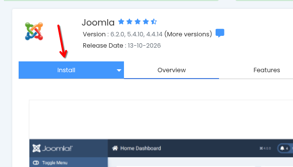 Softaculous: pagina Joomla Pagina Joomla din Softaculous, cu versiunile disponibile și fila Install