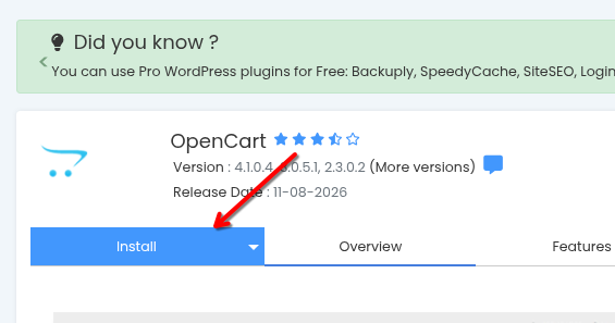 Softaculous: pagina OpenCart Pagina OpenCart din Softaculous, cu versiunile disponibile și fila Install