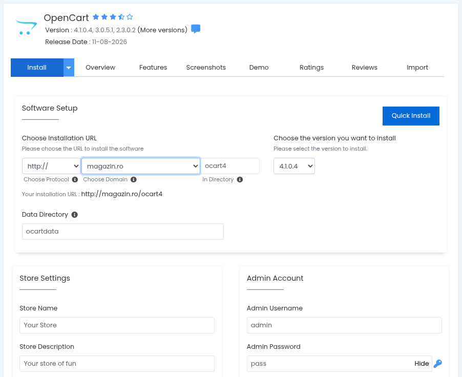 OpenCart: adresa de instalare, folderul de date și datele magazinului Formularul de instalare OpenCart: Software Setup cu adresa de instalare pe magazin.ro în folderul ocart4, Data Directory, Store Settings și începutul contului de administrare