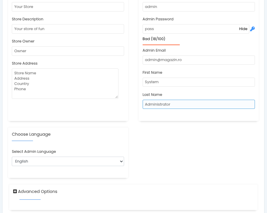 OpenCart: datele magazinului, contul de administrare și limba Restul formularului OpenCart: Store Owner, Store Address, Admin Password cu bara de putere, Admin Email, First Name, Last Name și Select Admin Language