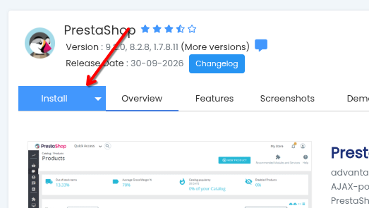 Pagina PrestaShop din Softaculous, cu versiunile disponibile, butonul Changelog și fila Install