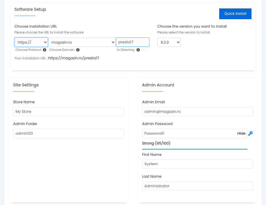 Formularul de instalare PrestaShop: Software Setup cu adresa de instalare pe magazin.ro în folderul presta17, Site Settings cu Store Name și Admin Folder, Admin Account cu e-mail, parolă puternică și nume