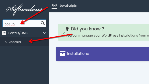 Softaculous: căutarea Joomla Softaculous cu „joomla” scris în căsuța de căutare, grupa Portals/CMS deschisă și scriptul Joomla în listă