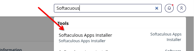 Căsuța de căutare din cPanel cu „softaculous” scris și rezultatul Softaculous Apps Installer