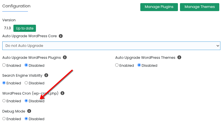 WordPress Manager: dezactivarea cronului WordPress Setările din WordPress Manager: Auto Upgrade WordPress Core, Auto Upgrade WordPress Plugins, Auto Upgrade WordPress Themes, Search Engine Visibility, WordPress Cron (wp-cron.php) cu opțiunea Disabled și Debug Mode