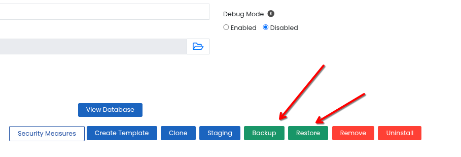 Butoanele de pe rândul instalării WordPress: Security Measures, Create Template, Clone, Staging, Backup, Restore, Remove și Uninstall