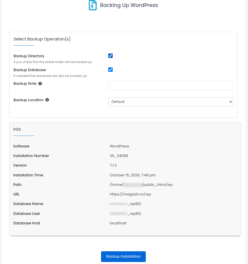 Fereastra Backing Up WordPress: Select Backup Operation(s) cu Backup Directory și Backup Database bifate, câmpul Backup Note, lista Backup Location și panoul Info cu datele site-ului