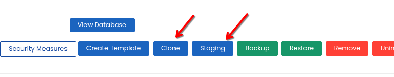 WordPress Manager: butoanele Clone și Staging Butoanele de pe rândul instalării WordPress: Security Measures, Create Template, Clone, Staging, Backup, Restore, Remove și Uninstall