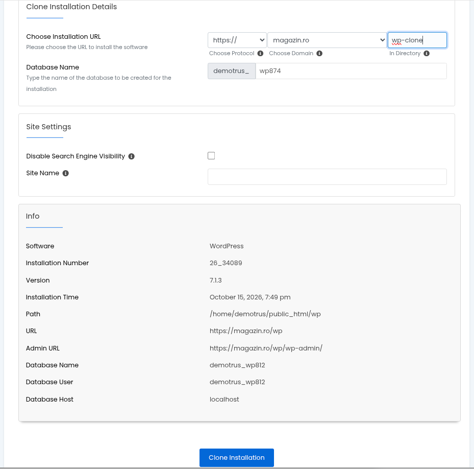 WordPress Manager: fereastra de clonare Fereastra Clone Installation Details: Choose Installation URL cu folderul wp-clone, Database Name, Site Settings cu Disable Search Engine Visibility și Site Name, panoul Info și butonul Clone Installation