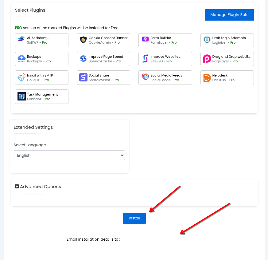 WordPress: modulele opționale, limba și butonul Install Partea de jos a formularului de instalare: Select Plugins, Extended Settings cu limba site-ului, butonul Install și câmpul Email installation details to
