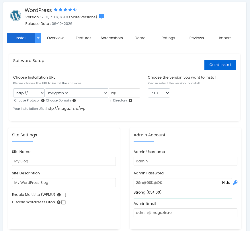 WordPress: adresa de instalare, numele site-ului și contul de administrare Formularul de instalare WordPress: Software Setup cu adresa de instalare pe magazin.ro în folderul wp, Site Settings și Admin Account