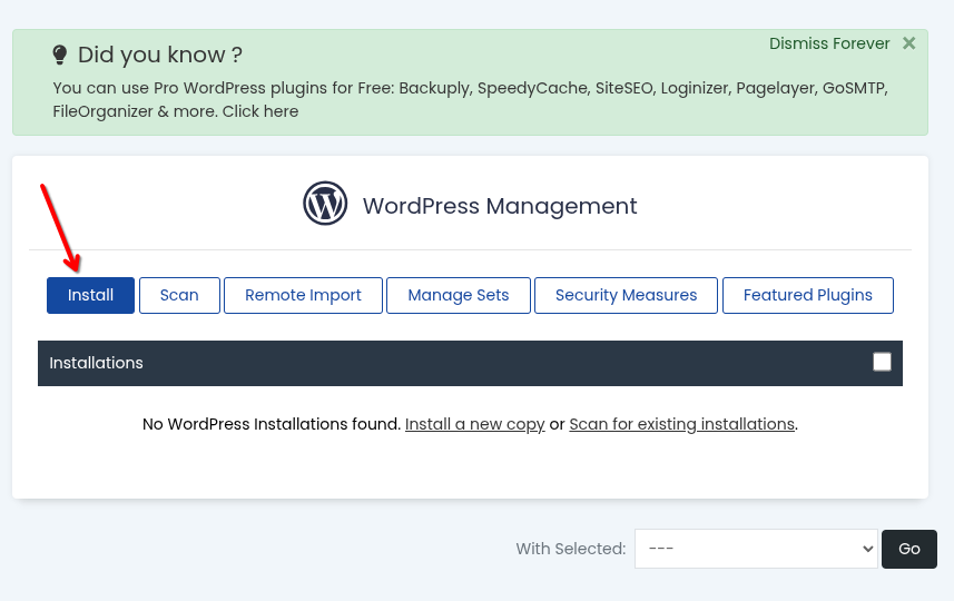 WordPress Manager: fila Install Pagina WordPress Management din cPanel, cu fila Install activă și mesajul că nu a fost găsită nicio instalare WordPress