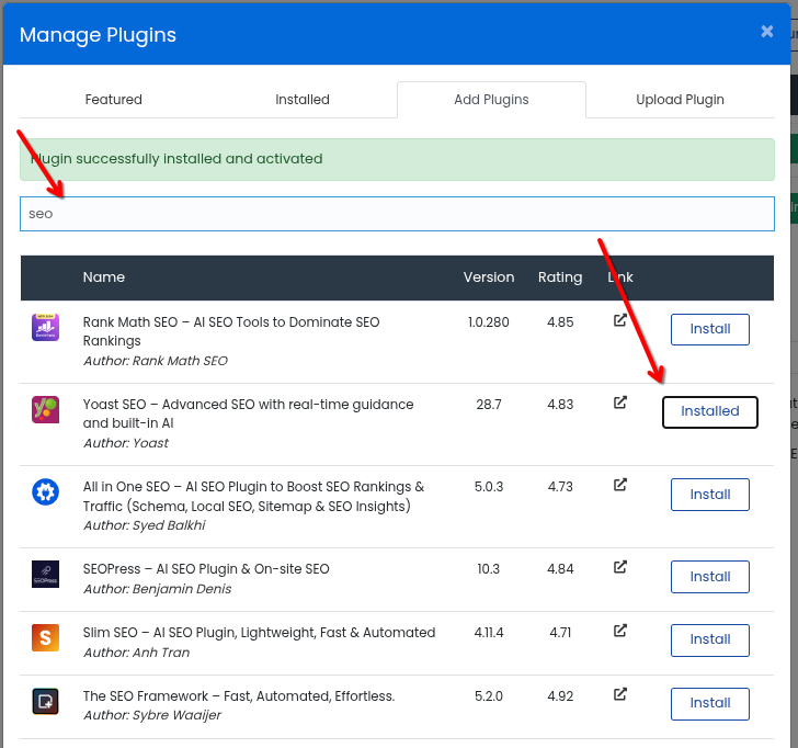 Fereastra Manage Plugins, fila Add Plugins: căsuța de căutare cu „seo” scris, confirmarea verde de instalare și lista de module cu versiune, rating și butonul Install, Yoast SEO apărând ca Installed