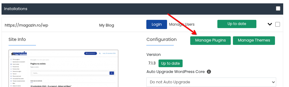 Cardul instalării WordPress: subtitlul Configuration cu butoanele Manage Plugins și Manage Themes, versiunea WordPress și setarea de actualizare automată