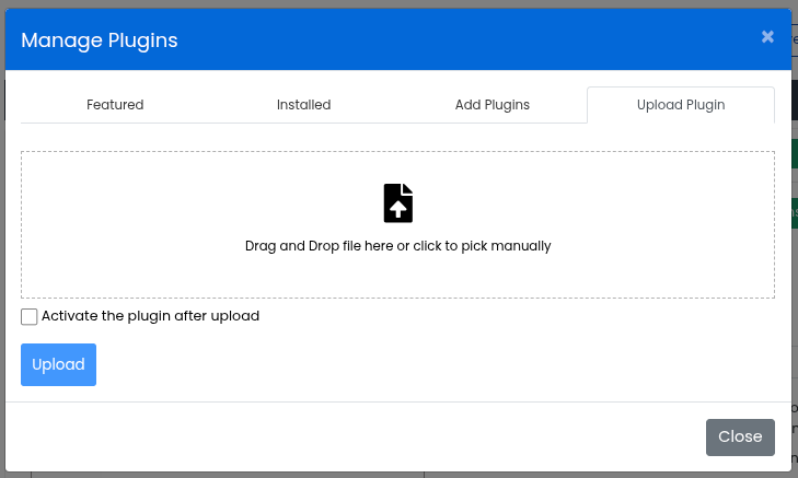 Fereastra Manage Plugins, fila Upload Plugin: zona de tragere a fișierului, bifa Activate the plugin after upload și butonul Upload