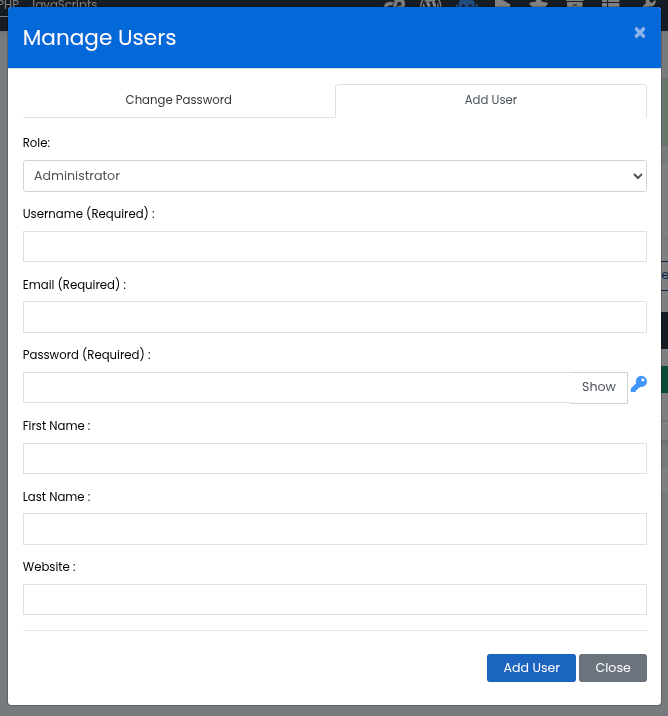 Fereastra Manage Users din WordPress Manager, fila Add User, cu rolul Administrator, câmpurile Username, Email, Password, First Name, Last Name și Website și butonul Add User