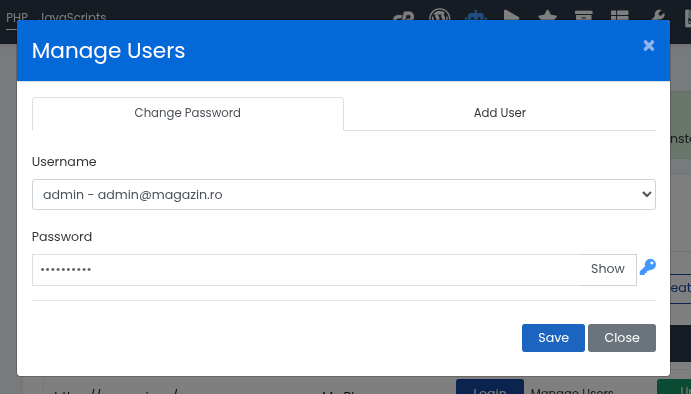 Fereastra Manage Users din WordPress Manager, fila Change Password, cu utilizatorul admin selectat și un câmp de parolă nouă