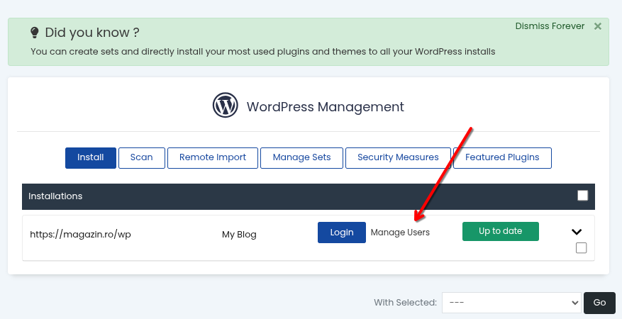 Pagina WordPress Management din cPanel, cu instalarea de pe magazin.ro/wp în listă și opțiunea Manage Users