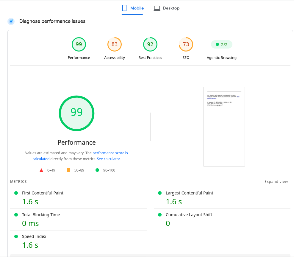 Raportul PageSpeed Insights, partea de jos: scorul de performanță 99, scara de culori a scorurilor și lista de numere din testul de încărcare (First Contentful Paint, Total Blocking Time, Speed Index, LCP, CLS)