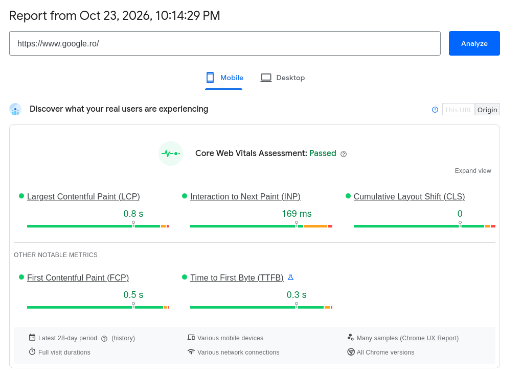 Raportul PageSpeed Insights, partea de sus: verdictul Core Web Vitals Assessment: Passed și cele trei numere — LCP 0,8 s, INP 169 ms, CLS 0 — fiecare cu bara lui colorată