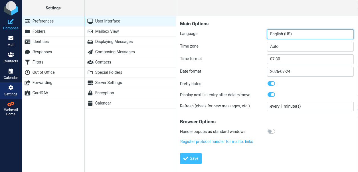 Schimbarea fusului orar în webmail Pagina de setări din webmailul Roundcube, cu Preferences și User Interface selectate în coloanele din stânga și câmpul Time zone în lista din dreapta