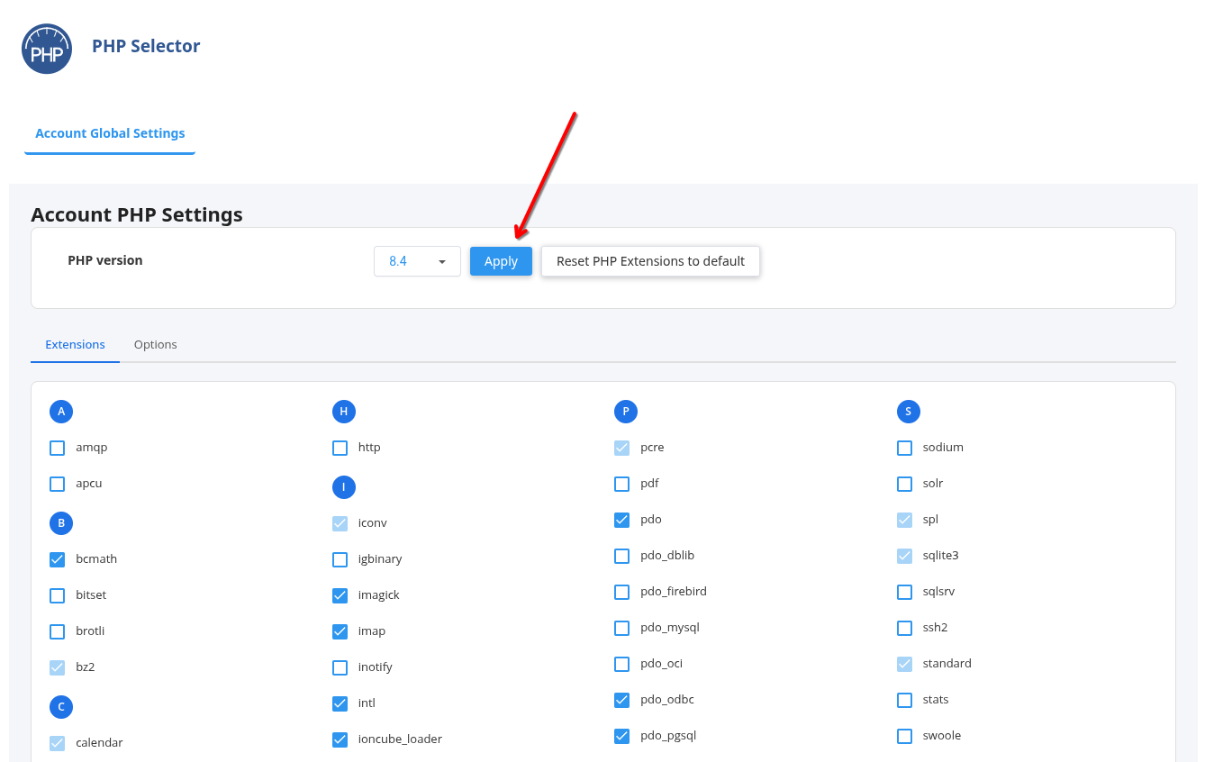 Schimbarea versiunii PHP din cPanel Pagina PHP Selector din cPanel, cu lista PHP version, butonul Apply, butonul Reset PHP Extensions to default și lista de extensii