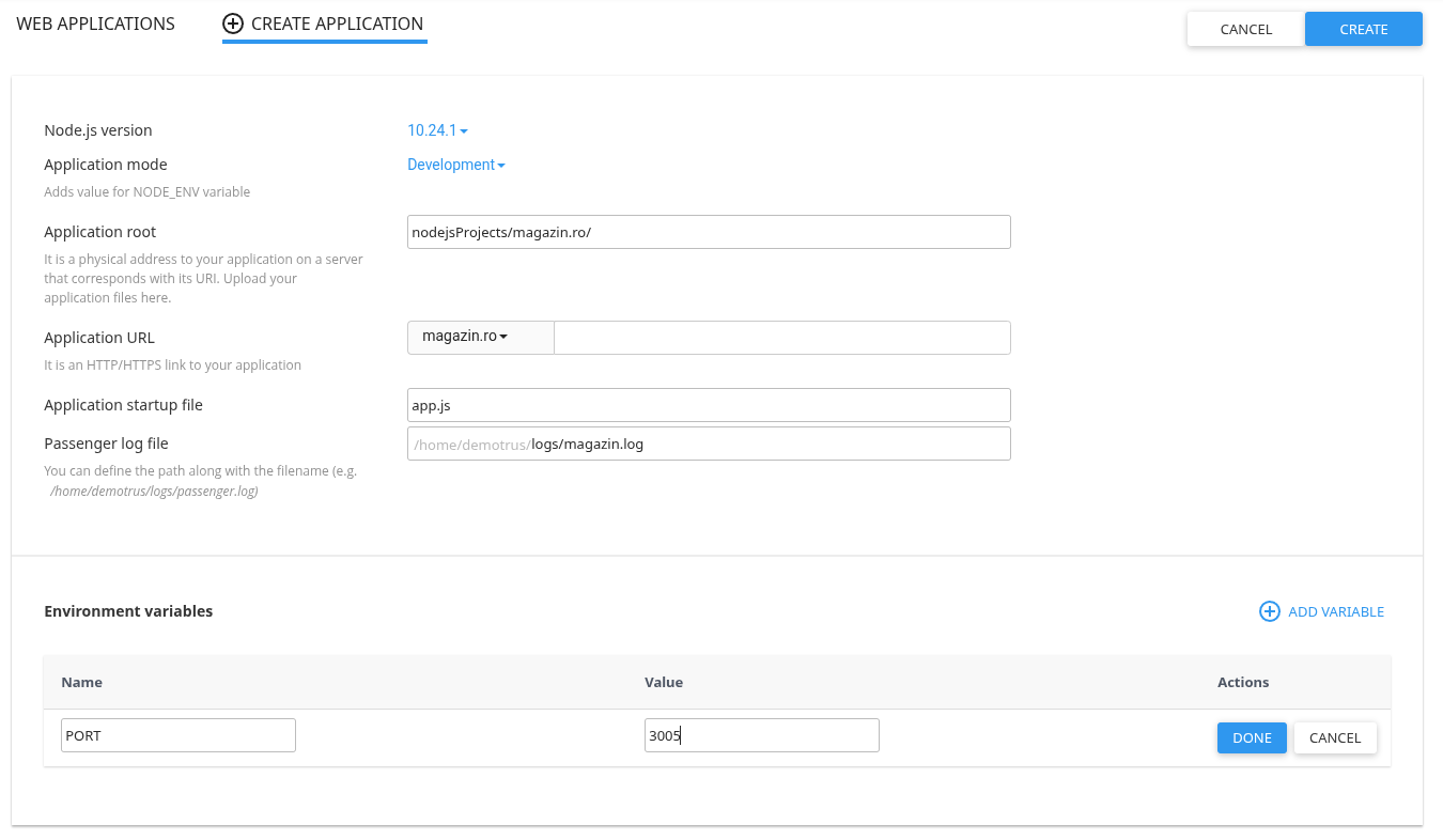Formularul Create Application din cPanel, cu versiunea Node.js, Application root, Application URL, Application startup file, Passenger log file și secțiunea Environment variables cu variabila PORT