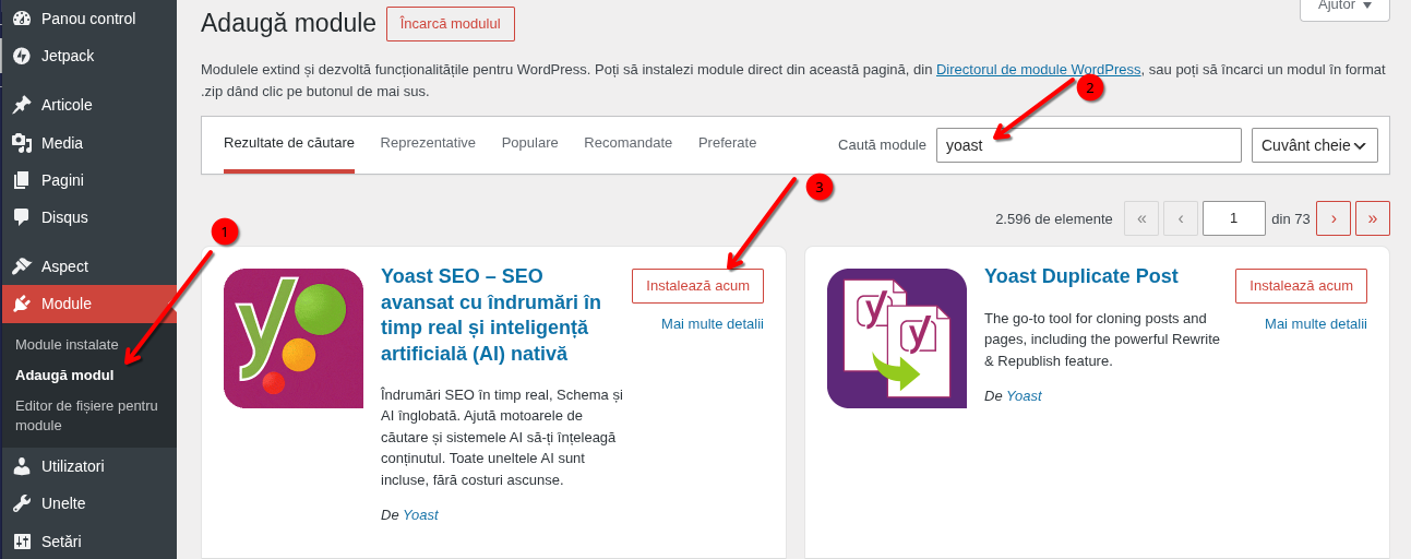 WordPress: căutarea și instalarea unui modul de SEO WordPress, pagina Adaugă modul: din meniul din stânga se intră la Module, apoi la Adaugă modul, se caută „yoast” în căsuța de căutare și se apasă Instalează acum